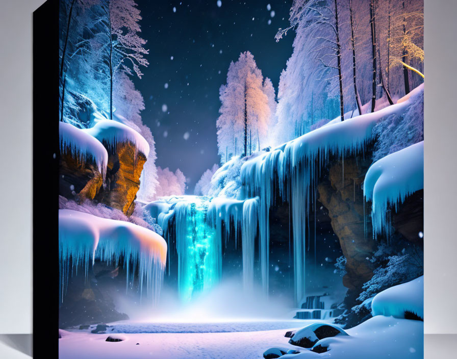 Frozen waterfall wall art: Snowy trees, icicles, starry sky