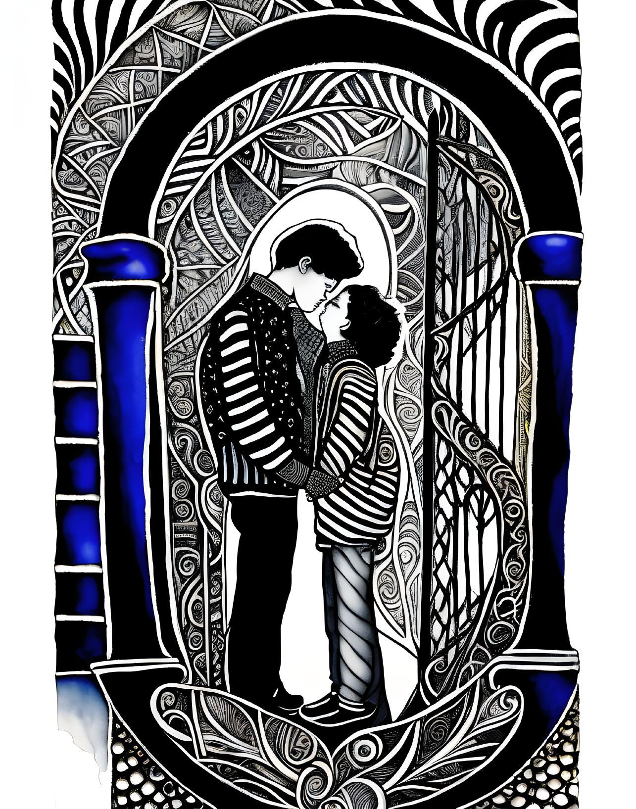 Monochrome illustration of two people embracing with intricate patterns and decorative arch.