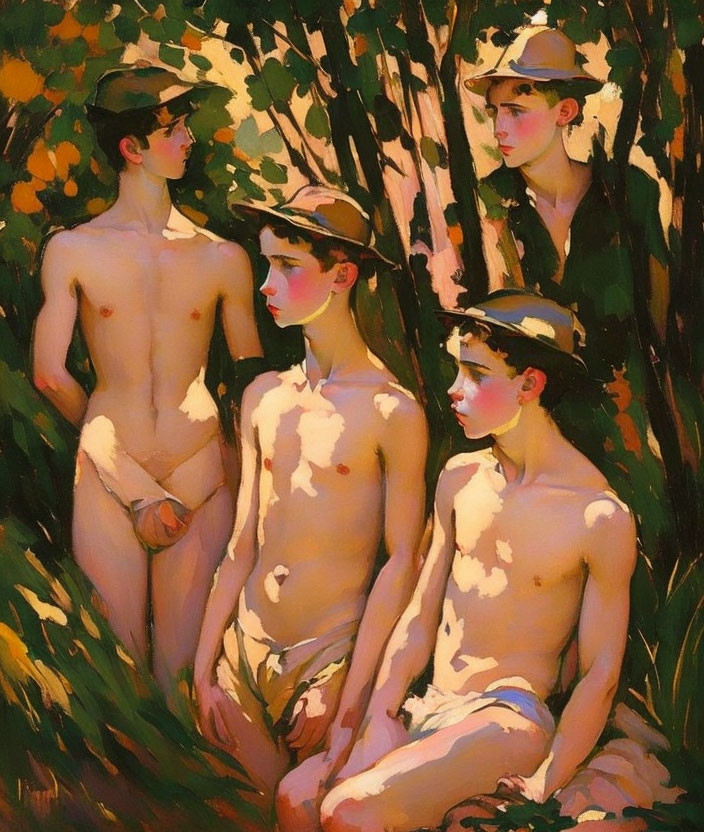 Three young men in hats, one nude, two dressed, in lush greenery.