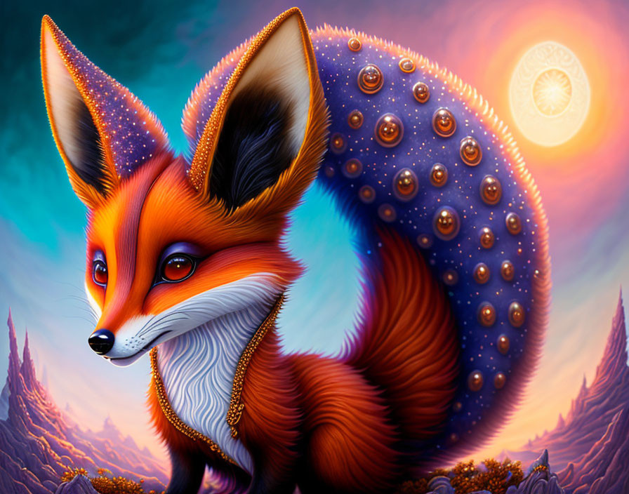 Colorful Fox Artwork with Ornate Design and Radiant Sun Backdrop