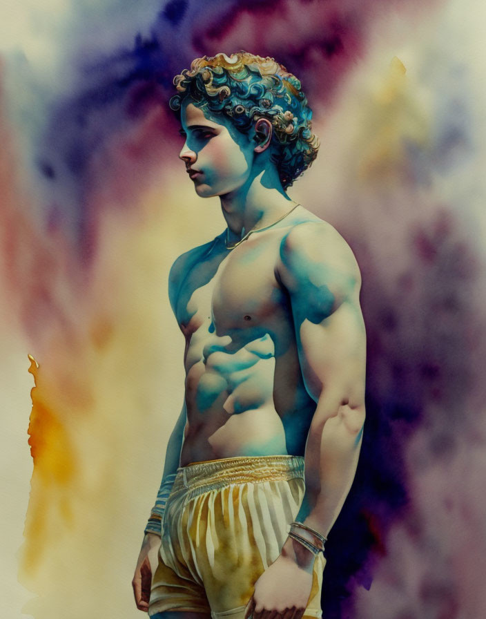 Classical sculpture in watercolor against vibrant background