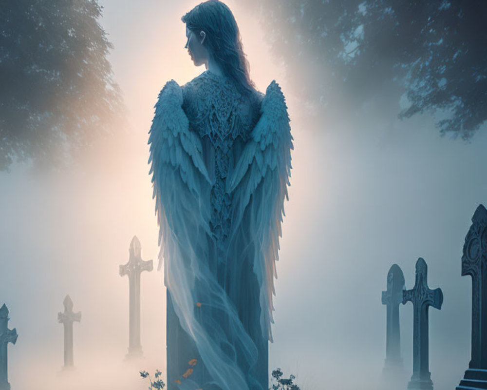 Ethereal angel statue with large wings in misty graveyard