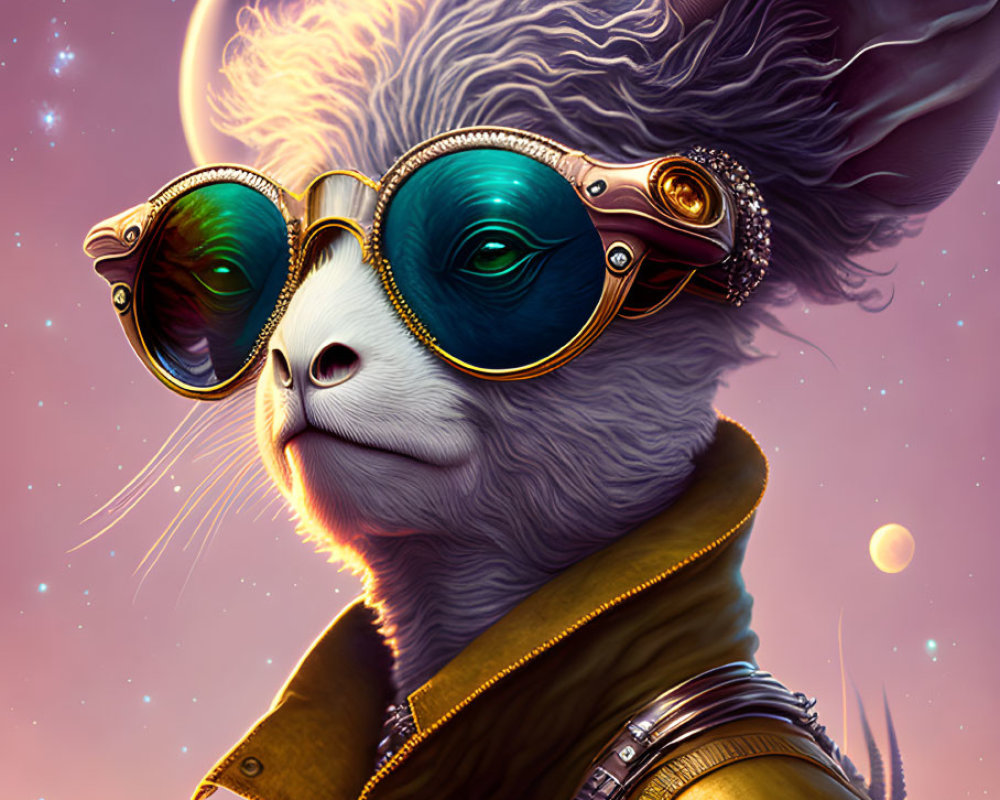 Stylish Sheep in Aviator Sunglasses and Leather Jacket on Cosmic Background