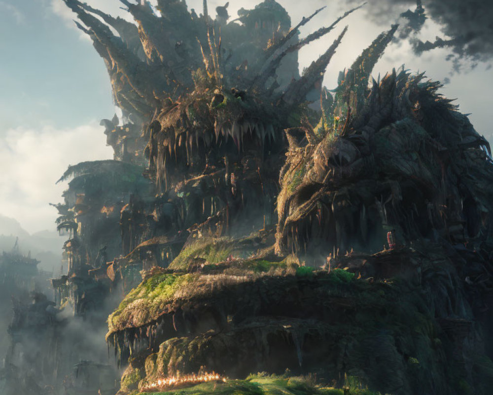 Fantastical mountain with greenery layers and ancient ruins under mystical light