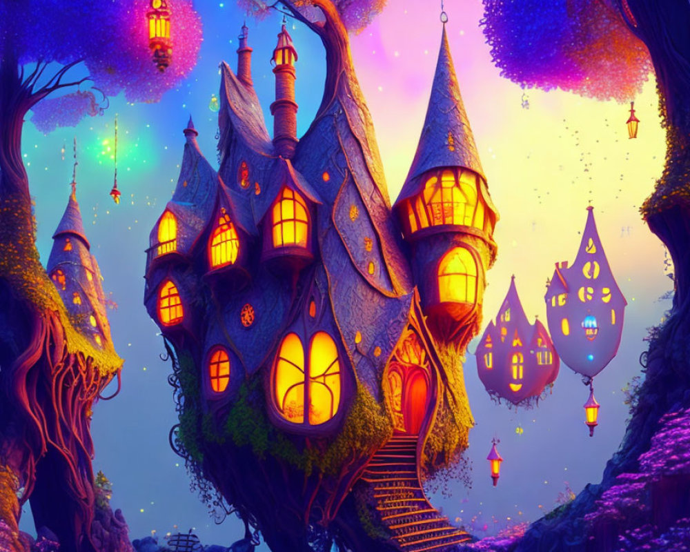 Fantasy treehouse illustration with glowing windows in vibrant twilight sky