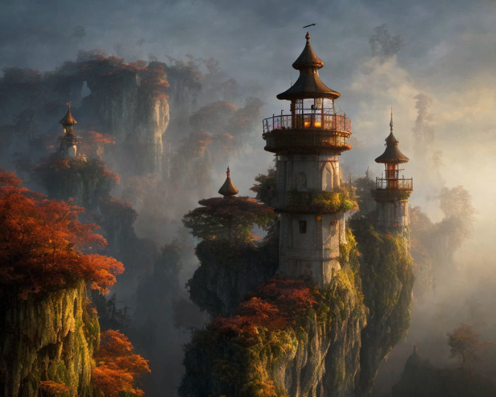 Ancient pagodas on misty cliffs with autumn foliage and soft light