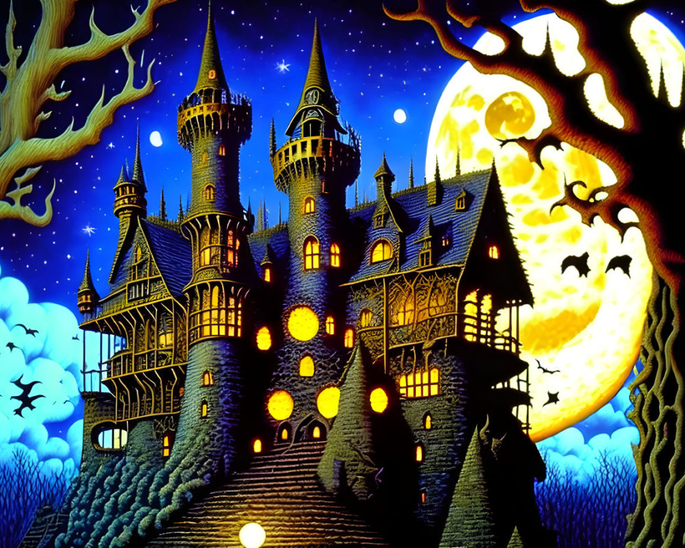 Fantastical castle at night with full moon, stars, illuminated windows, and bats.