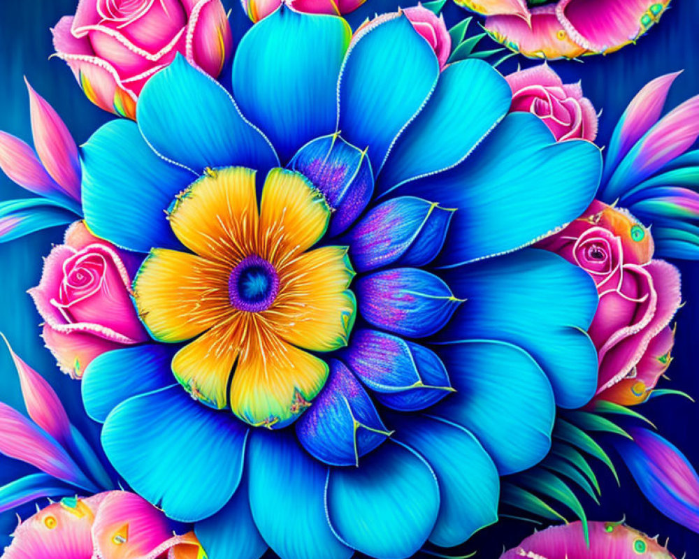 Colorful digital artwork: Large blue flower, yellow center, pink roses, greenery, deep blue