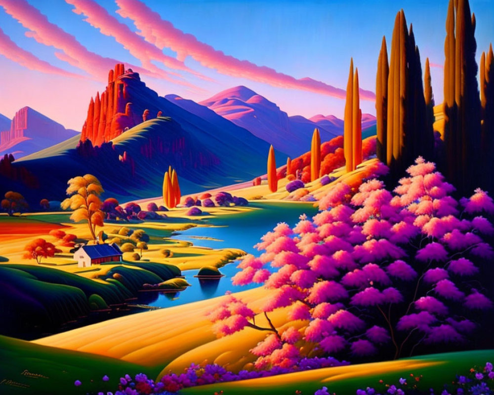 Scenic landscape with pink trees, rolling hills, lake, cypress trees, and mountains