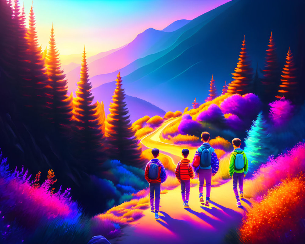 Hikers with backpacks on mountain trail at twilight