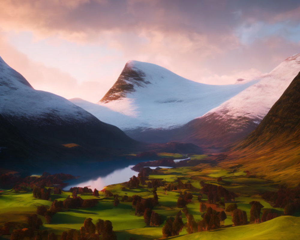 Snow-capped mountain peak at sunset over tranquil landscape