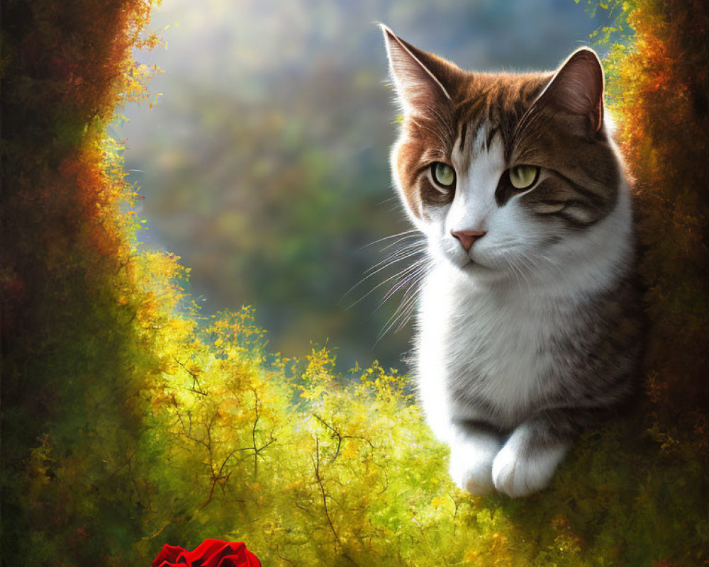 Green-eyed cat beside red rose in sunlit forest glade