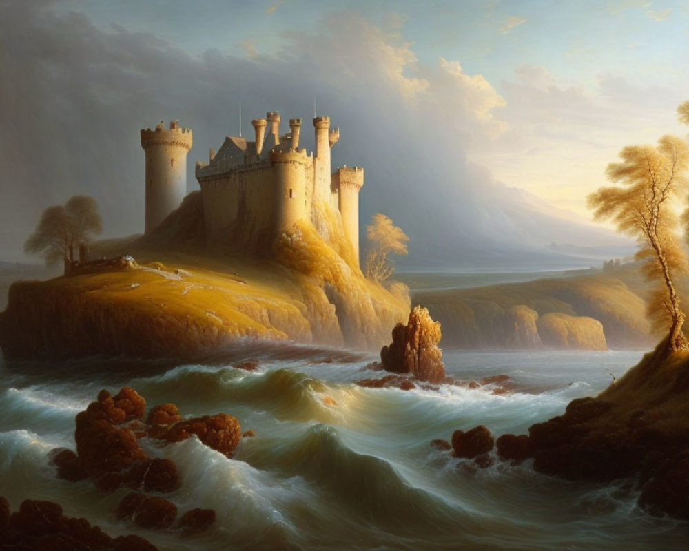 Ethereal landscape painting of majestic castle on cliff by tumultuous seas