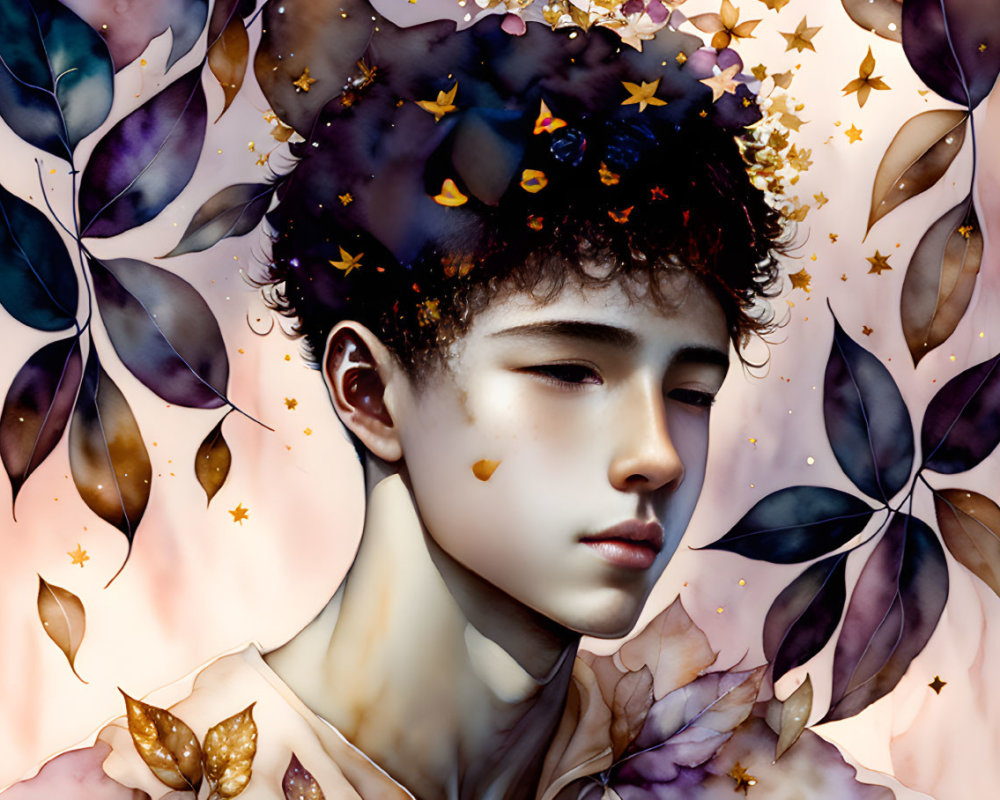 Young person with stars and golden butterflies in curly hair among ethereal leaves on cream background