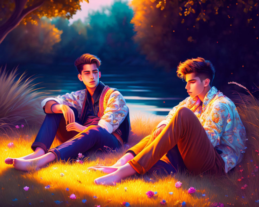 Two Men Sitting by River at Sunset Surrounded by Flowers