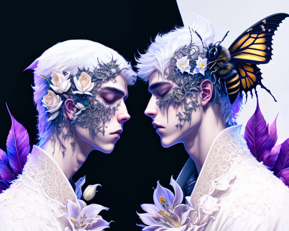 White-Haired Ethereal Beings with Floral and Feather Adornments and Butterfly