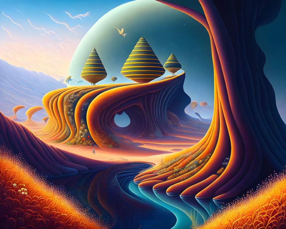 Surreal landscape with orange terrain, person near blue stream, pyramidal structures, and large