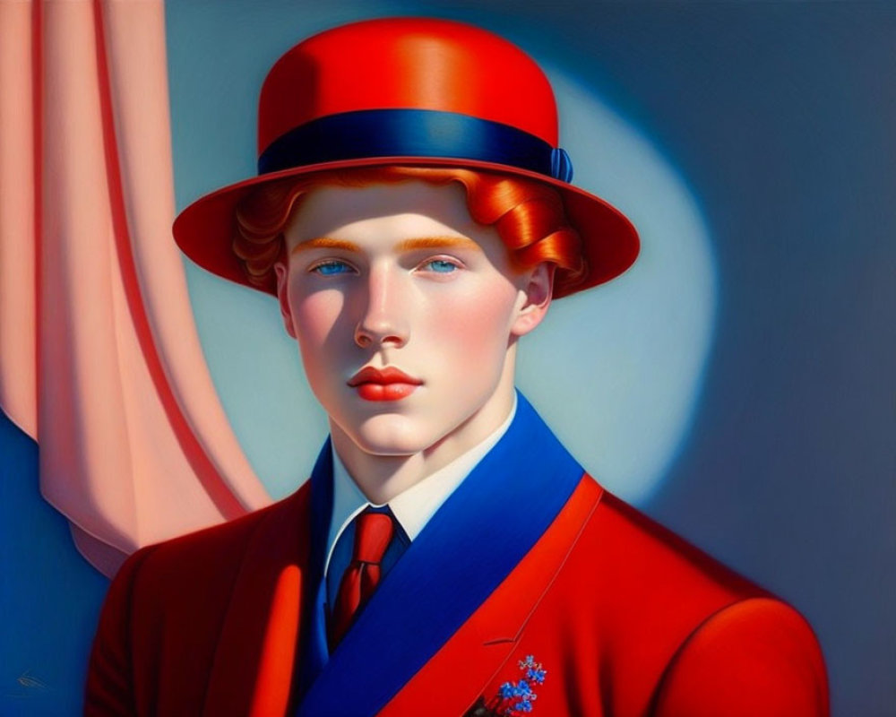 Stylized portrait of a person with red hair in bold blue and red attire