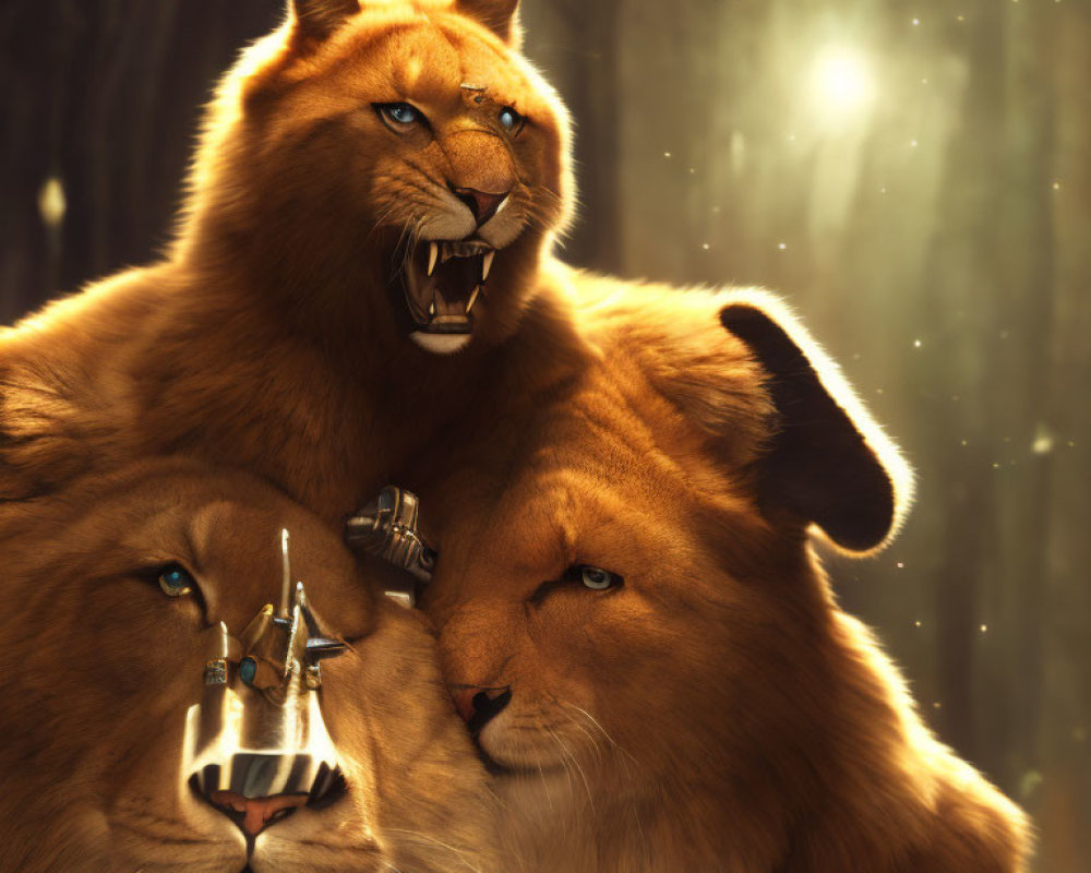 Anthropomorphic lions with mechanical parts in a sunlit forest