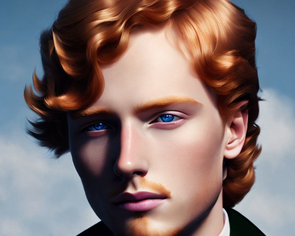 Portrait of a person with curly ginger hair and blue eyes in dark coat against blue background