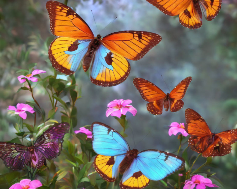 Colorful Butterfly Collection on Pink Flowers with Soft Floral Background