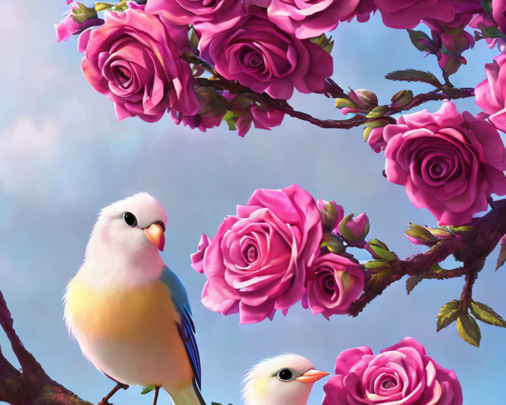 Pastel Plumage Birds Perched on Branch with Pink Roses