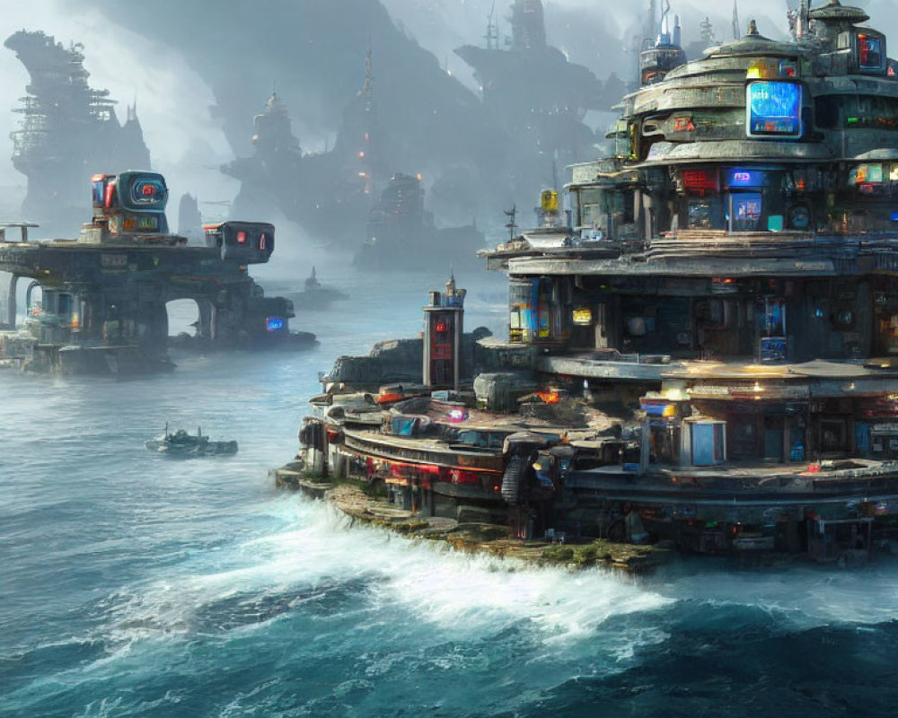 Futuristic marine city with circular buildings, boats on misty waters