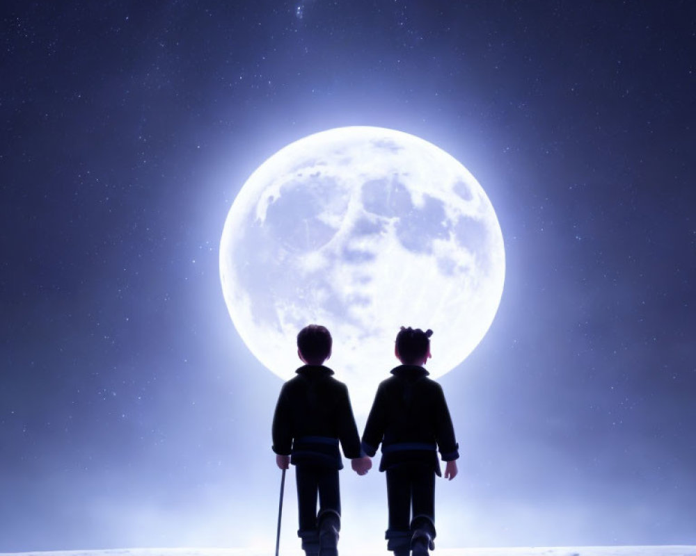 Silhouetted figures holding hands under large moon in starry night sky