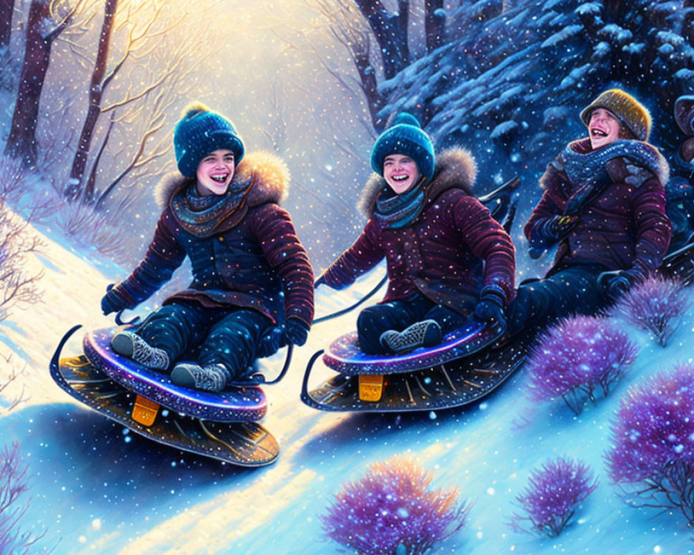 Four people sledding on purple-tinted snow surrounded by winter landscape