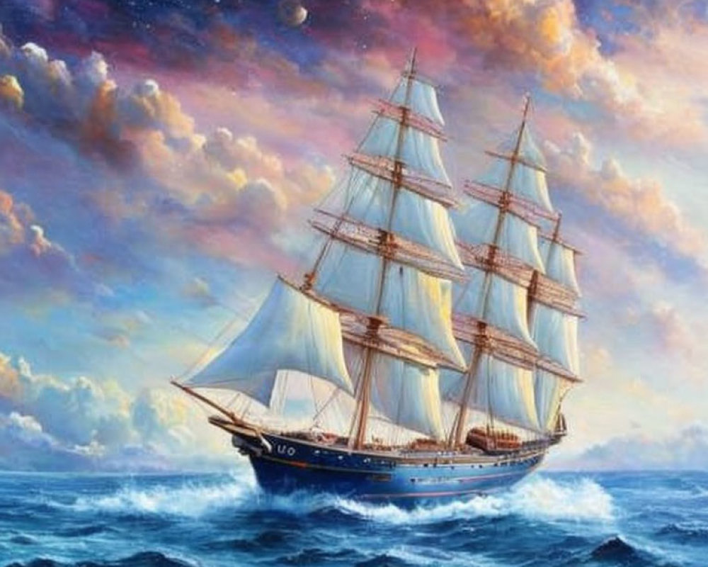 Sailing ship with white sails on turbulent seas under sunset sky