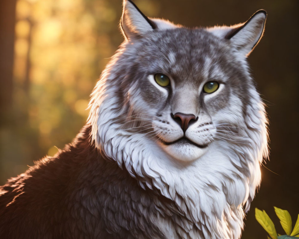 Majestic large feline with thick mane in sunlit forest