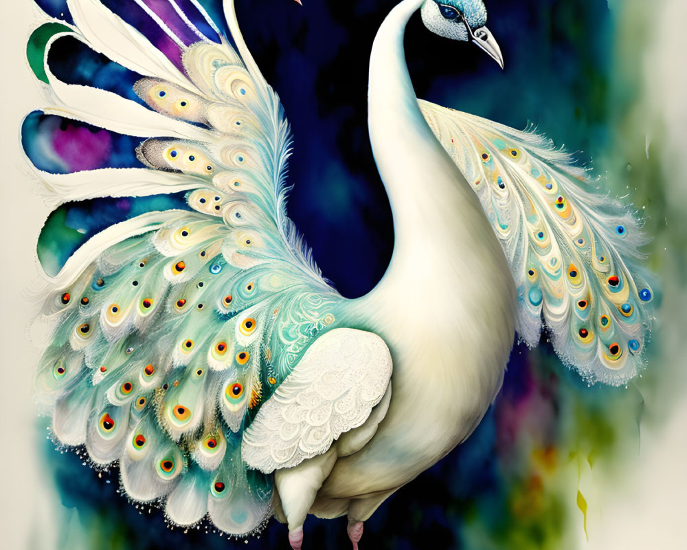 Detailed illustration of two peacocks: one white with intricate tail patterns, the other colorful with crest