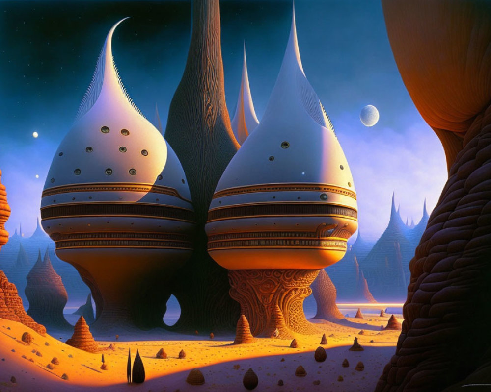 Fantastical landscape with onion-shaped structures and slender towers under twilight sky