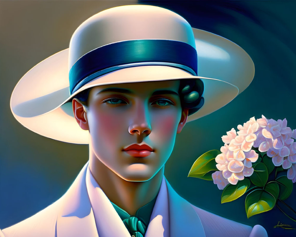 Serene person portrait with white hat and flowers on blue background