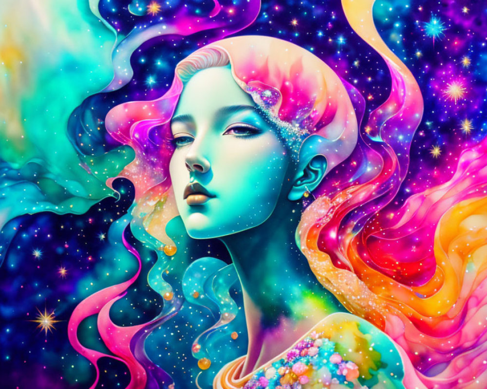 Vibrant digital artwork: woman with flowing hair in cosmic setting