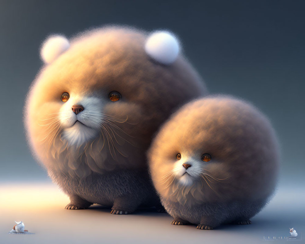 Fluffy round bear-like creatures with large eyes and small ears, alongside tiny mice on gradient background