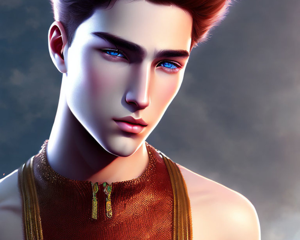 Digital illustration of man with blue eyes, red hair, and gold neckline top