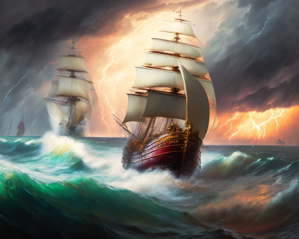 Tall ships in turbulent seas under ominous skies with lightning