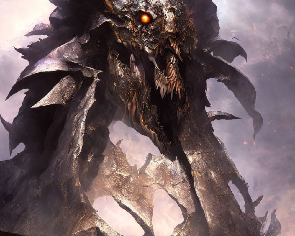 Menacing dragon with red eyes and sharp teeth in fiery haze.