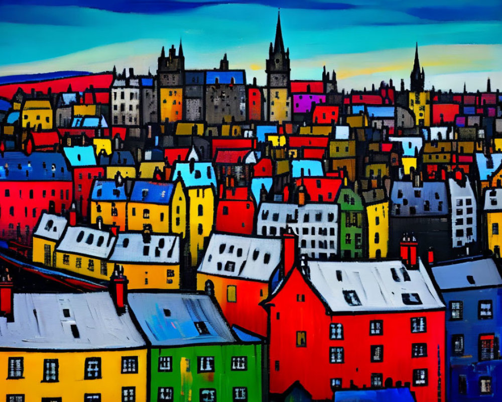 Colorful Cityscape Painting with Diverse Buildings Against Blue Sky