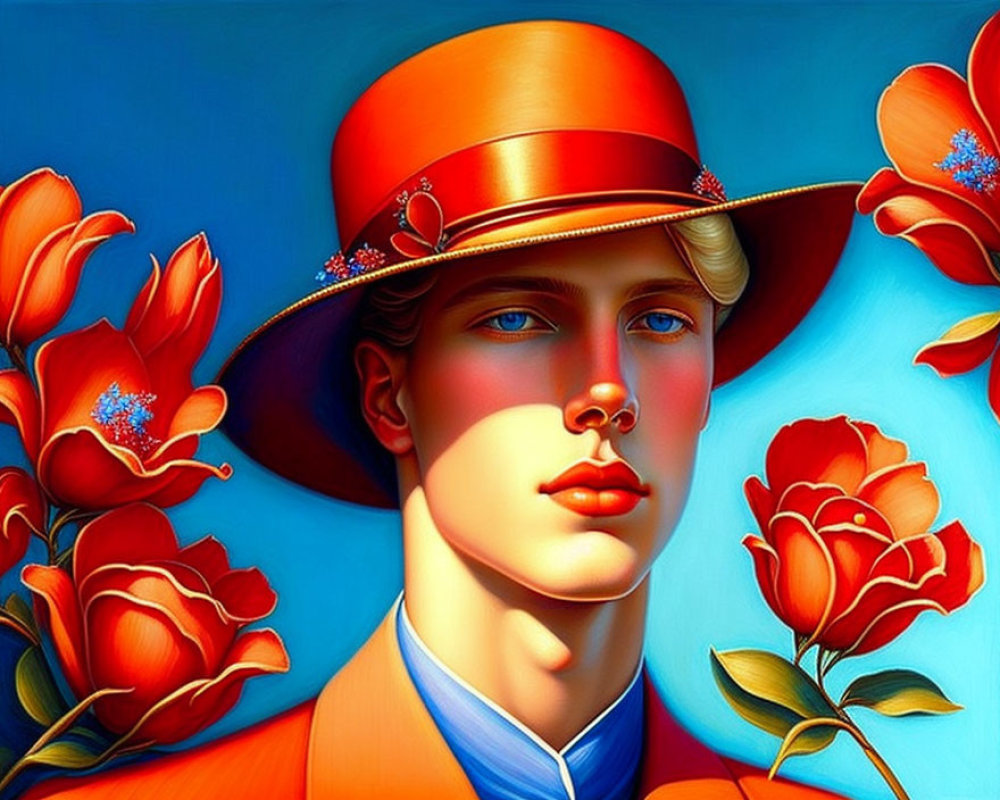 Stylized portrait of a person with blue eyes in orange hat, surrounded by red flowers on blue