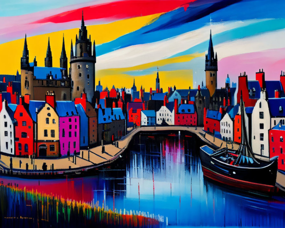 Colorful European Riverside Town Painting with Blue River