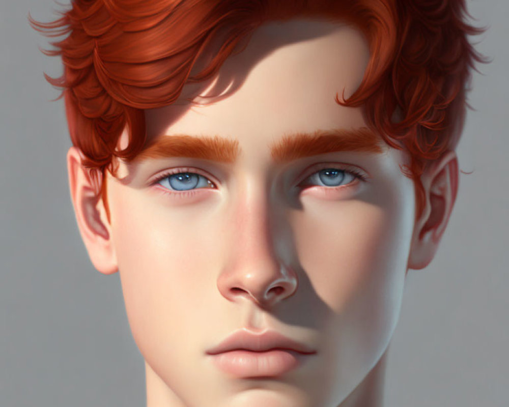 Young person portrait with red curly hair, blue eyes, fair skin, neutral expression