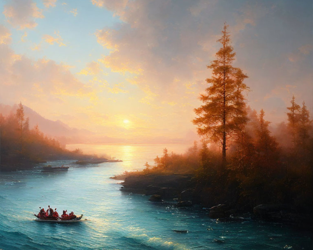 Tranquil river scene at sunset with golden light, mist, trees, and people rowing.