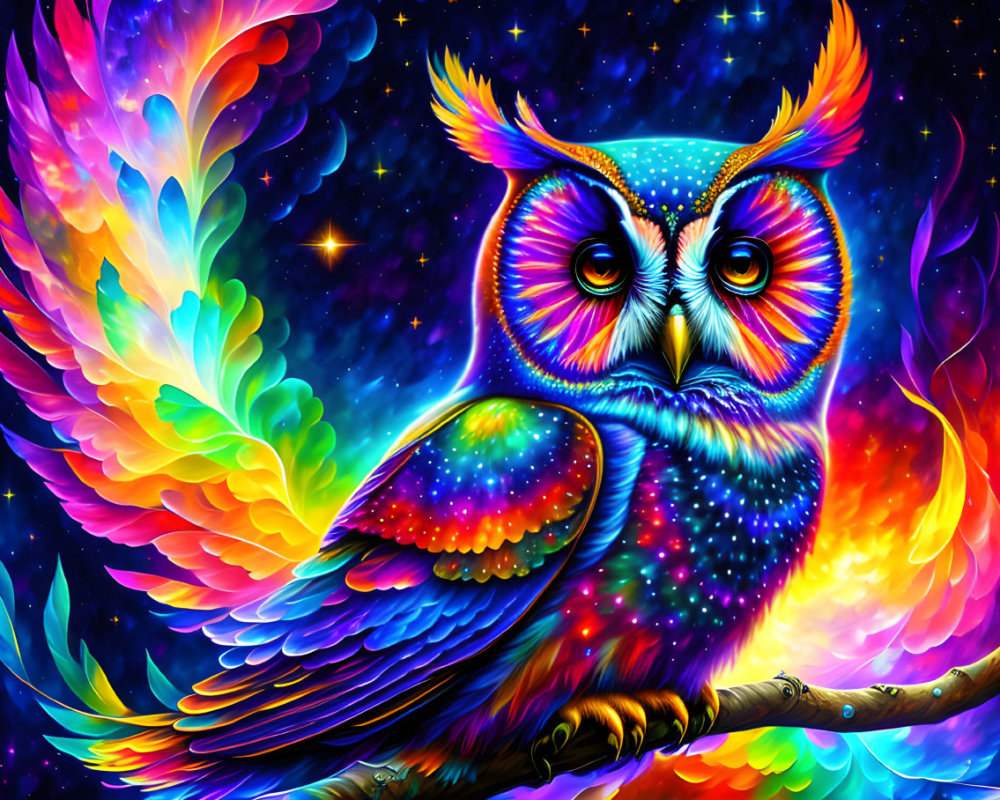 Colorful Owl Illustration in Psychedelic Style on Starry Cosmos Background