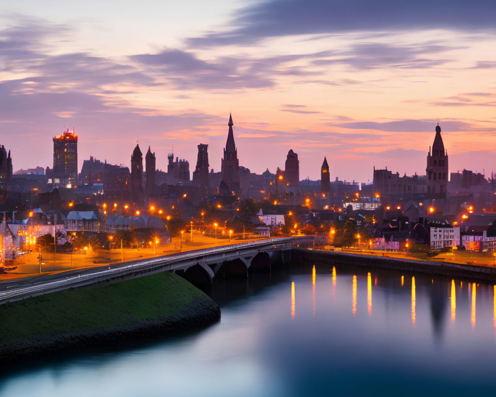 Twilight cityscape with illuminated buildings reflected in calm river