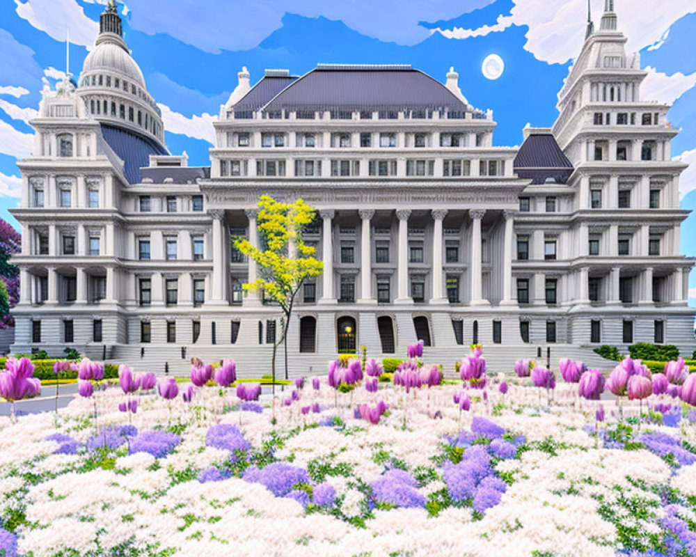 Neoclassical building in vibrant digital landscape