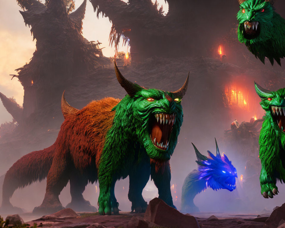 Three green fur mythical beasts with sharp horns in dark landscape