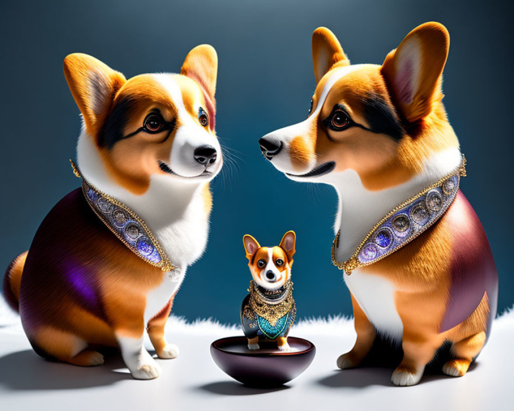 Two Adult Corgis with Luxurious Collars and Mini Version on Pedestal