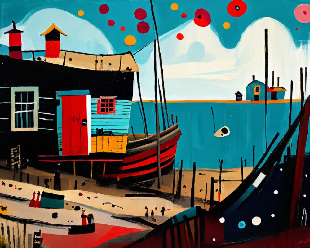 Vibrant seaside painting with boats, floating spheres, and buildings under blue sky